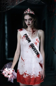 Ghost bride costume detail including blood-stained dress, prom queen sash, and crown