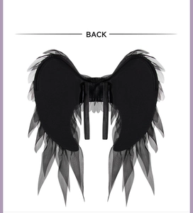 Back view of black organza angel wings with elastic straps for cosplay costume props