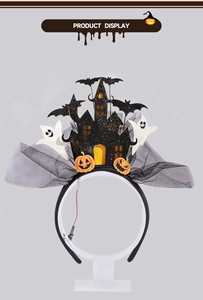 Détail serre-tête Halloween LED avec château scintillant, fantôme, citrouille et tulle