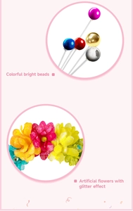 Détail de perles colorées et fleurs artificielles avec effet pailleté sur le serre-tête