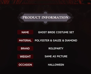 Detailed spec card for Ghost Bride Halloween costume set with material information