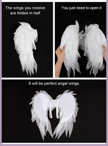 Instructional view showing how to unfold and wear the white organza angel wings props