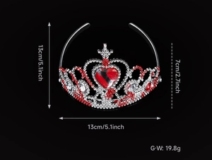 Detailed dimensions of silver crown headpiece with red heart crystals and white rhinestones