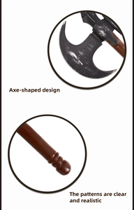 Detail showing the vintage black blade and realistic wood texture of the Viking axe prop