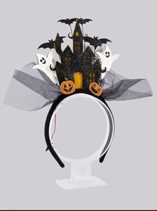 Détail de serre-tête Halloween avec château pailleté, fantôme, citrouille et voile noir