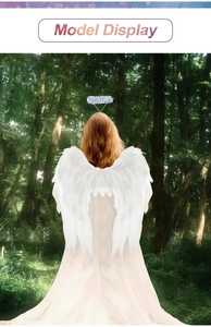 Detailed back view of white feather angel wings and halo headband on a model