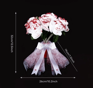 Detailed size chart for blood-stained Halloween ghost bride bouquet with white lace