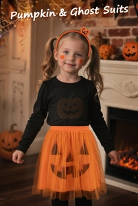 Three-piece Halloween girl costume with pumpkin top, orange tutu and headband