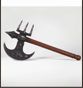 Macro detail of weathered metal texture and faux wood grain on Viking cosplay battle axe