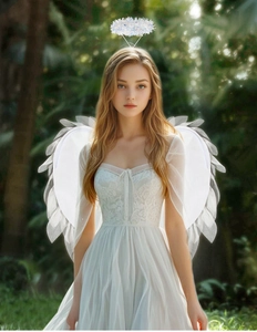 Detail of white organza angel wings and sparkling halo headband for cosplay costume