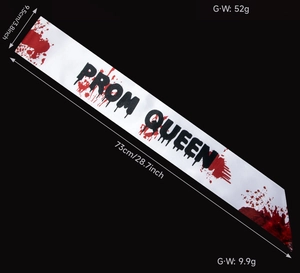 Bloody Prom Queen sash for Halloween bride costume with splatter detail on white satin
