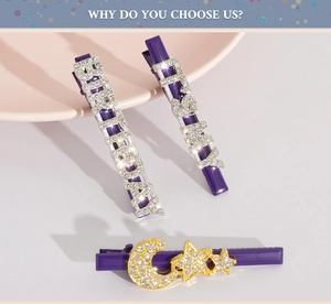 Dreiteiliges lila Haarspangen-Set mit Geburtstags-Strass-Schriftzug und Stern-Mond-Anhängern