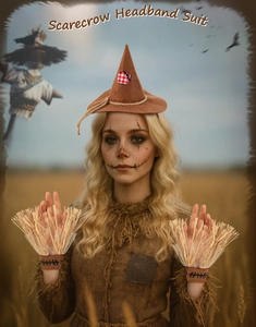Λεπτομέρεια στολής σκιάχτρου για το Halloween με στέκα καπέλο και περικάρπια από άχυρο