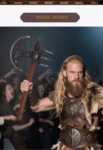 Detailed view of realistic double-headed foam battle axe for Halloween cosplay costumes
