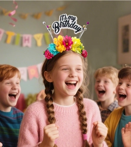 Fillette portant un serre-tête fleuri coloré avec signe IT'S MY Birthday lors d'une fête