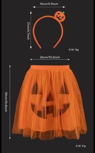 Size specifications for Halloween pumpkin tutu skirt and headband set with dimensions