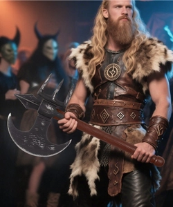 Detailed view of Viking foam axe prop with metallic finish and wood grain handle
