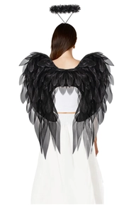 Detail view of black organza angel wings with layered feather texture and halo headband