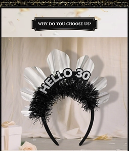 Detail von Hello 30 Silber-Glitzer-Haarreif mit schwarzen Federn für Geburtstagsfeiern