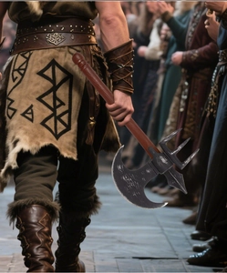 Detail of a Viking double-headed foam axe prop with wood texture and crescent blade