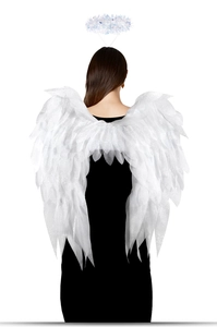 Rear view of white organza angel wings with halo set on a model in black top
