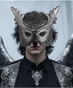 Detailed silver owl mask with realistic feather textures for gothic cosplay and parties