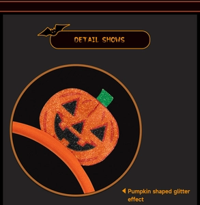 Detail of Halloween pumpkin headband featuring orange glitter and fabric-wrapped frame