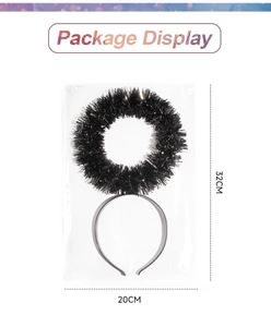 Black glitter angel halo headband package showing 32cm height and 20cm width dimensions