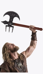 Detailed view of dual-headed foam Viking battle axe held by a hand in cosplay setting