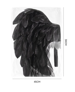 Detailed view of black angel wings in 45cm x 30cm size with elastic straps packaging