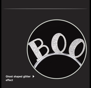 Detail of silver glitter BOO headband for Halloween party with shiny ghost-shaped effect
