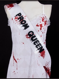 Ghost bride costume with bloody lace dress and Prom Queen sash for Halloween party