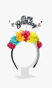 Détail du serre-tête fleurs multicolores avec signe It's my Birthday pour fête