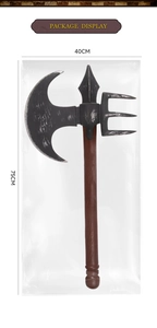 Detailed view of Viking axe toy showing weathered silver texture and 40cm by 75cm dimensions