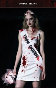 Detail of bloody zombie prom queen costume set with dress, sash and rose bouquet