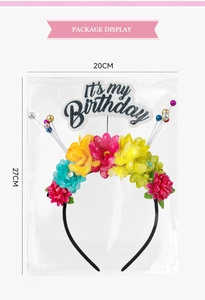 Vue du bandeau d'anniversaire à fleurs colorées dans son emballage avec logo