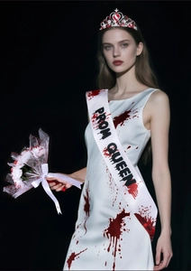Detailed set of bloody Prom Queen Halloween costume with sash, crown, and rose bouquet