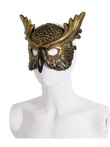Detailed view of bronze owl cosplay mask with feather texture and black elastic band