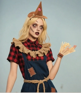 Λεπτομερής προβολή στολής σκιάχτρου για το Halloween με μυτερό καπέλο και μπαλώματα
