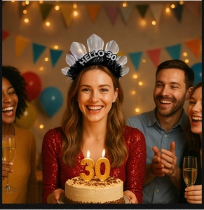 Detail von Hello 30 Geburtstag Haarreif und goldener 30 Kerze auf einer Sahnetorte
