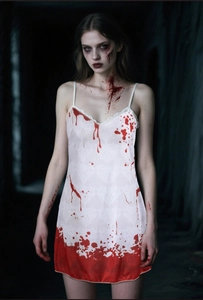 Close-up of blood-splattered white lace dress for Halloween bride zombie cosplay costume