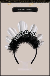 Detailansicht des Hello 30 Geburtstag-Haarreifs mit silbernem Glitzer und Blattdekor