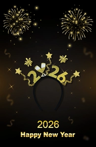 Detail of 2026 Happy New Year headband with gold glitter stars and champagne glasses