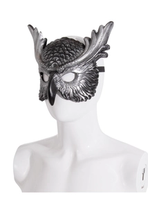 Detail view of owl masquerade mask with silver metallic texture and feather patterns