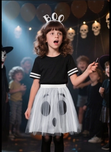 Detail of Halloween ghost tutu set for kids including ghost print skirt and sequin headband