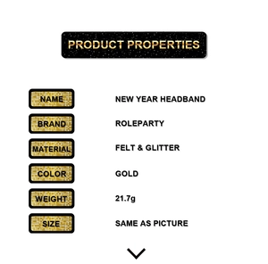 Detailed specifications for the gold glitter Happy New Year headband with felt material