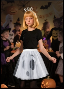 Detail of girl's Halloween costume with white ghost tutu skirt and BOO headband accessory