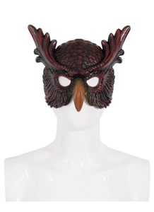Detailed front view of carnival owl mask with red and black feathers on a white model