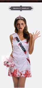 Detail of bloody prom queen zombie costume set with sash, crown, and rose bouquet