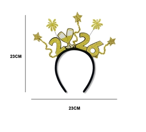 Detail view of 2026 New Year headband showing 23cm dimensions with gold fireworks decor